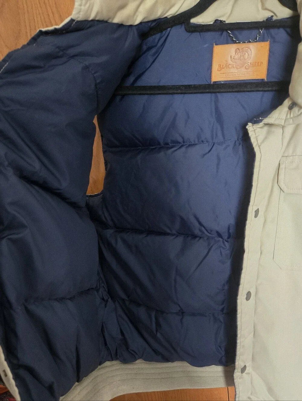 Black Sheep Mens XL Tan Puffer Utility Vest Navy Lined Snap Front Vintage Style